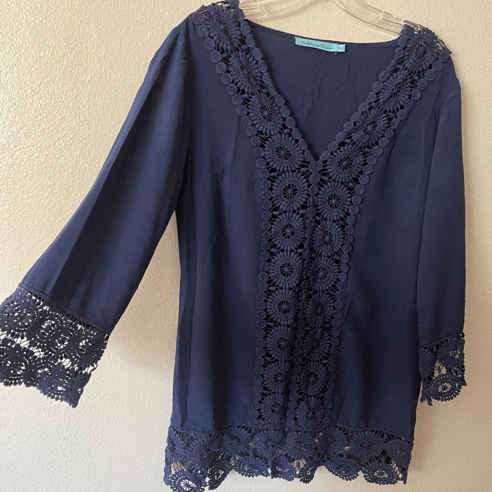 Solitaire swim dark blue crochet front Boho Swim Coverup